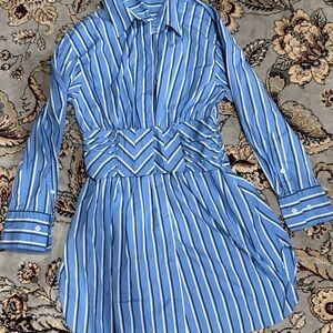 ZARA Blue Striped Shirt Dress with Cinched Waist